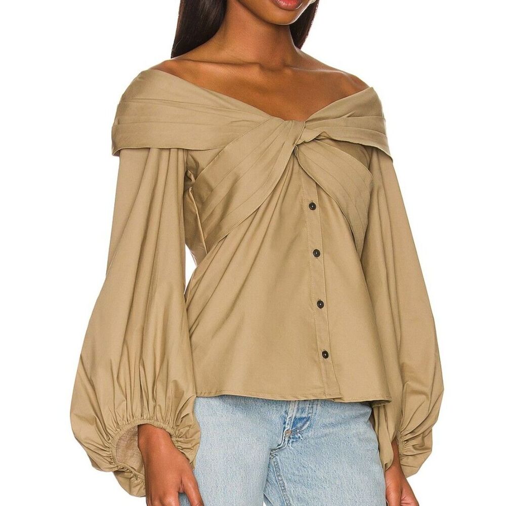 Bailey 44 Julissa Blouse Womens M Dark Beige Cotton Off-Shoulder Blouson Sleeve